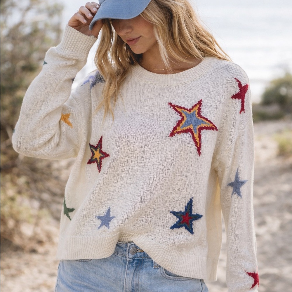 Rails Star Print Sweater Cream Multicolor Cropped Lightweight Pullover small